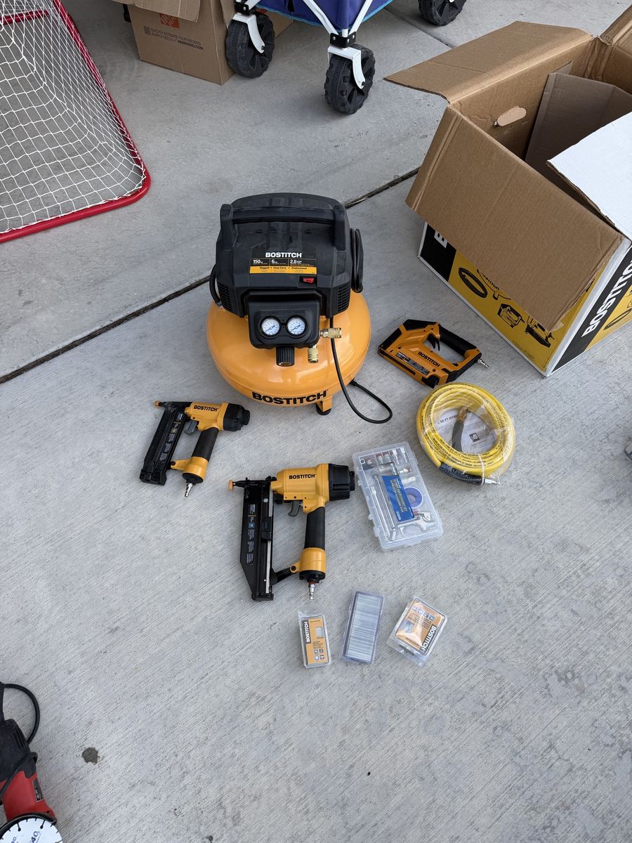 Bostitch Air Compressor + 2 Nail Guns + Stapler