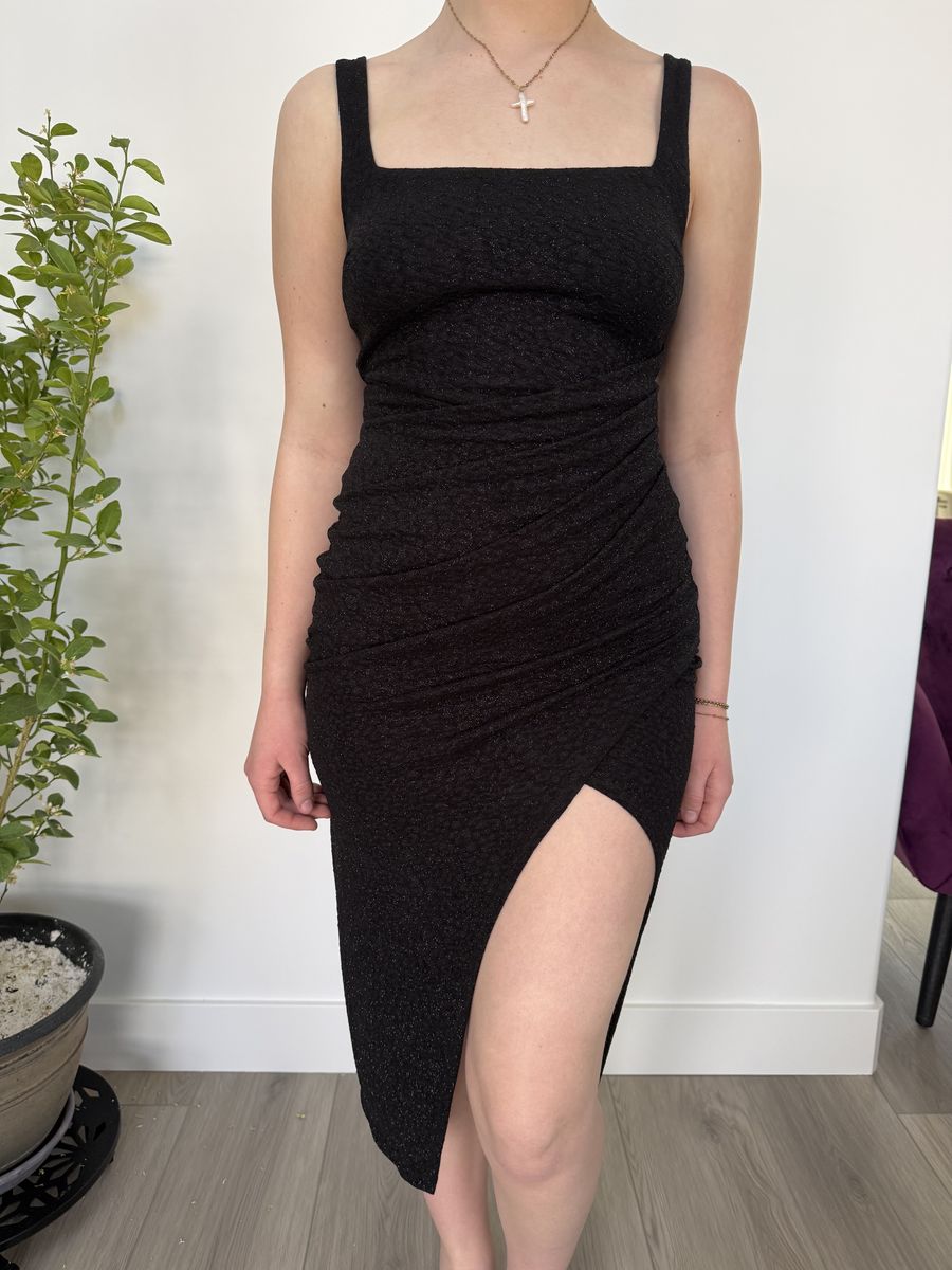 Formal Black Glitter Wrap Midi Dress