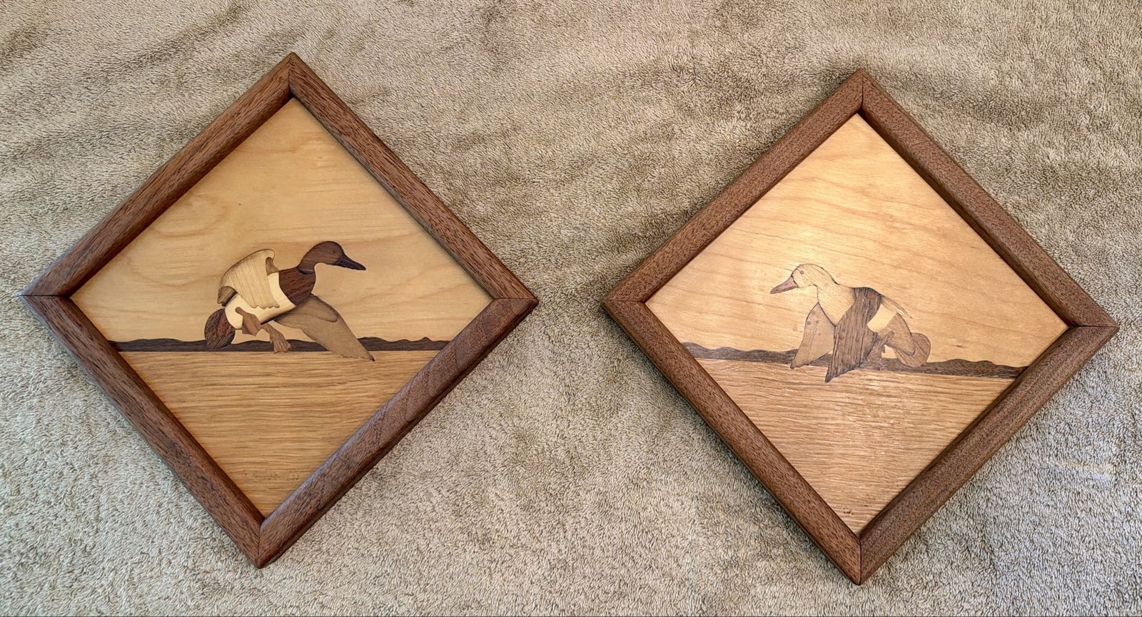 Hudson River Wooden Duck Inlay Wall Art - Set of 2 Diamond-Shaped Frames, Nature Decor