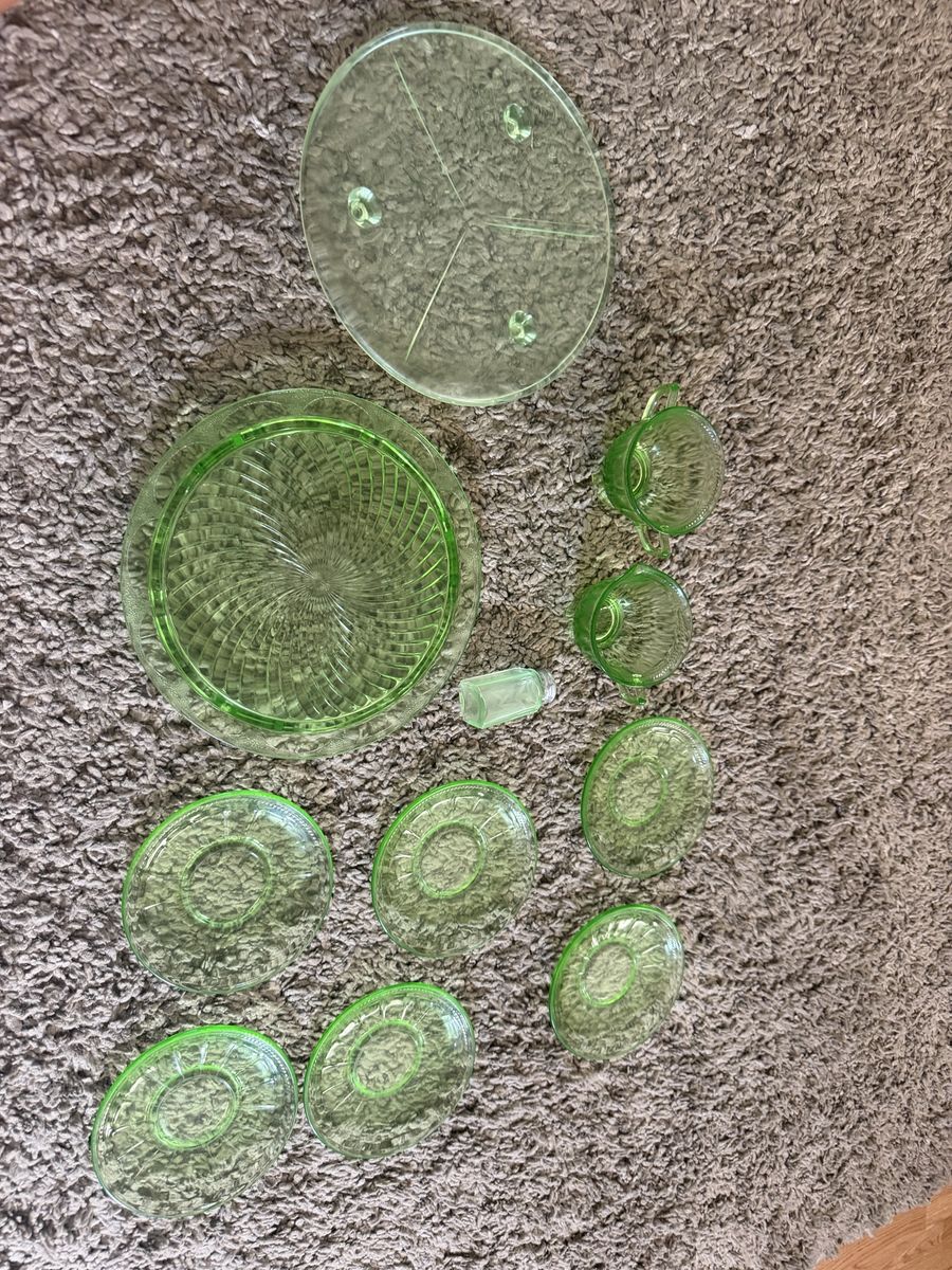 Vintage Uranium Glass Dessert Set - Cake Stand, Cups, Plates & Salt Shaker (Green)