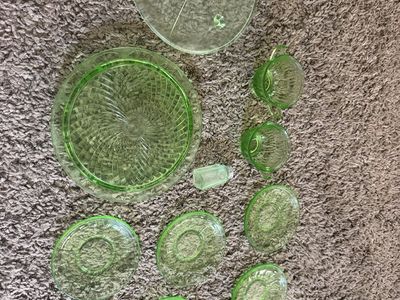 Vintage Uranium Glass Dessert Set - Cake Stand, Cups, Plates & Salt Shaker (Green)