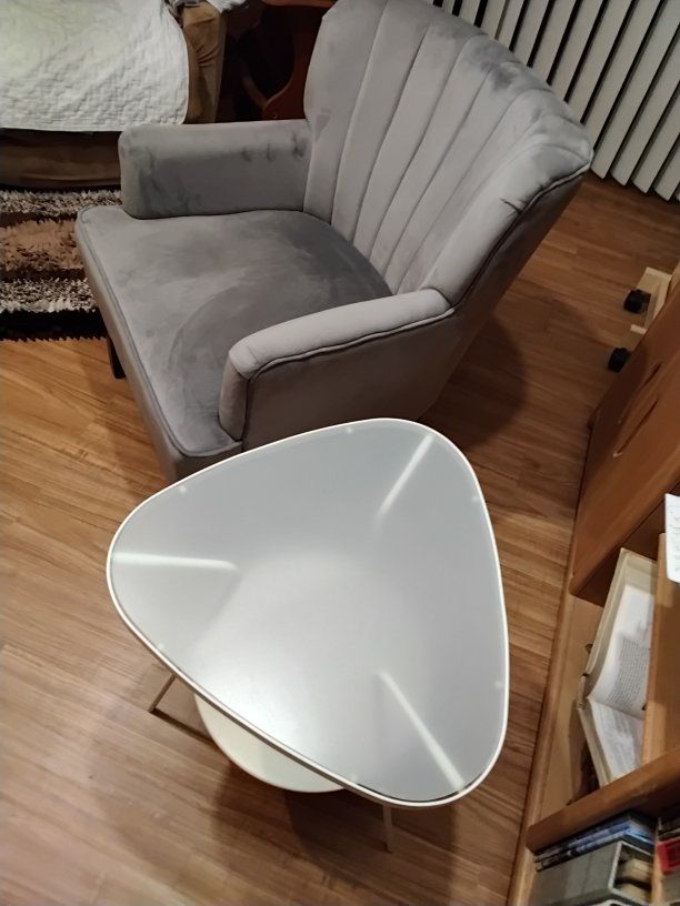 Grey Velvet Armchair & Modern White Triangular End Table Set