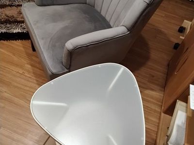 Grey Velvet Armchair & Modern White Triangular End Table Set
