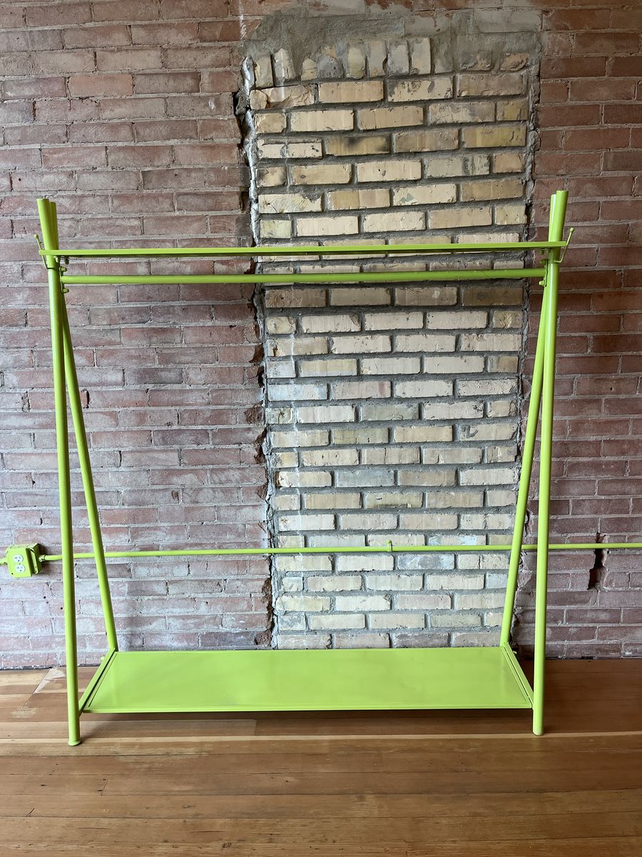 Lime Green Metal Garment Rack with Top & Bottom Shelves