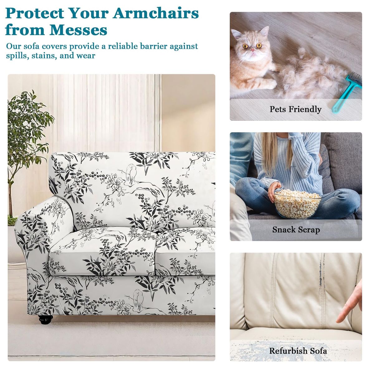 FUANGUI 3 Piece Stretch Sofa Couch Covers for 2 Cushion, Printed Sofa Loveseat Slipcover with 2 Separate Cushion Cover, Floral W