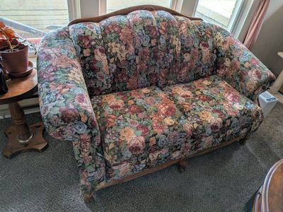 Vintage Floral Love Seat Couch - Wood Trim - Two Seater Sofa