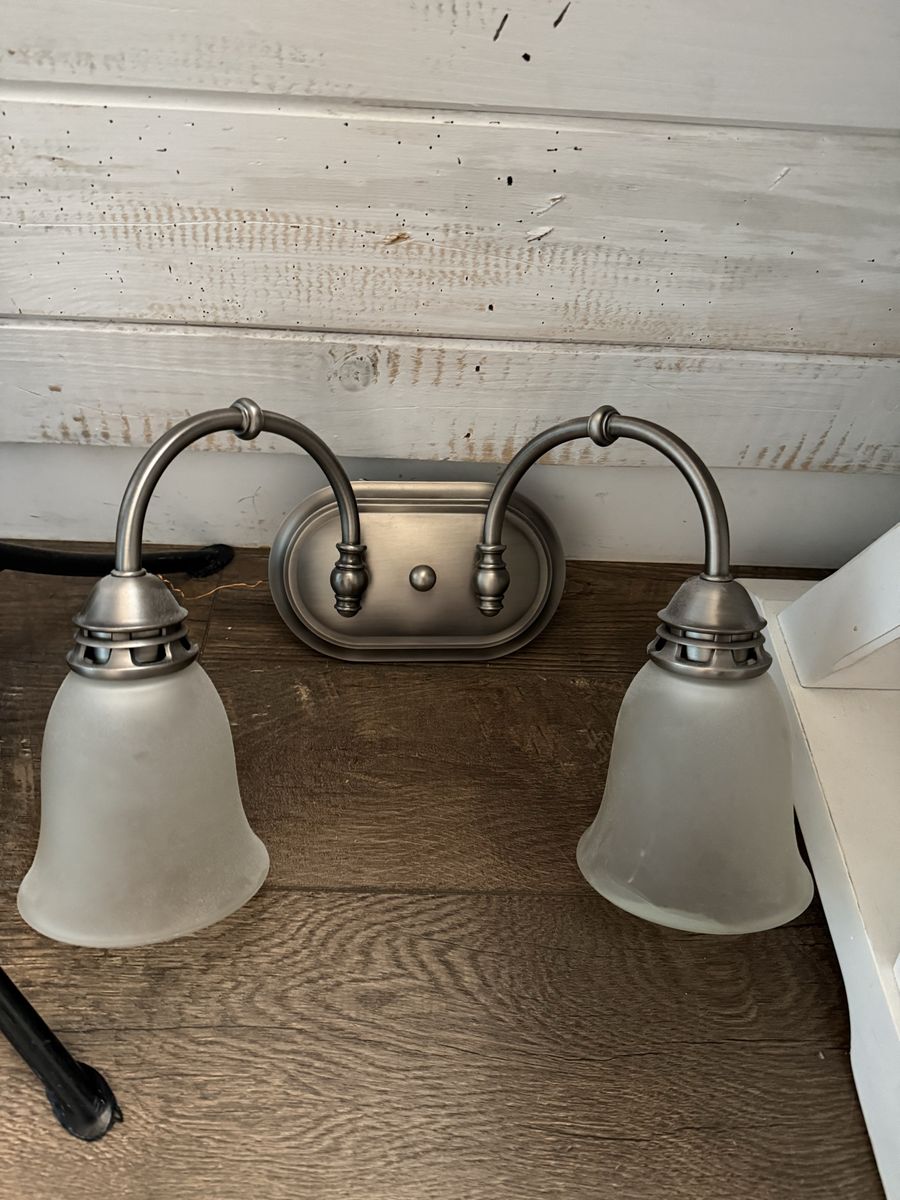 Brushed Nickel Two-Light Vanity Fixture with Frosted Glass Shades 16 Inch 