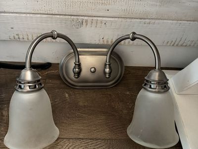 Brushed Nickel Two-Light Vanity Fixture with Frosted Glass Shades 16 Inch