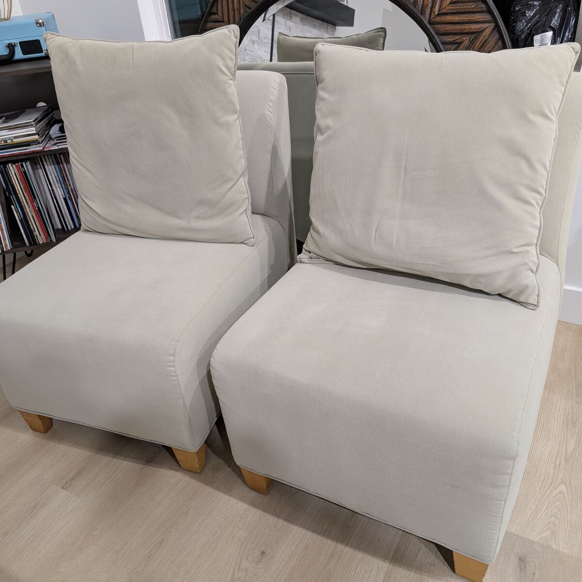 2 Green Suede Chairs with Cushions