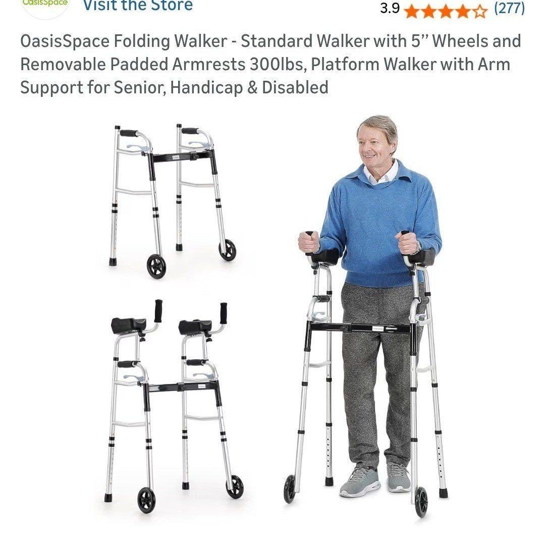 OasisSpace Folding Walker with 5" Wheels, Removable Padded Armrests, 300lbs Capacity