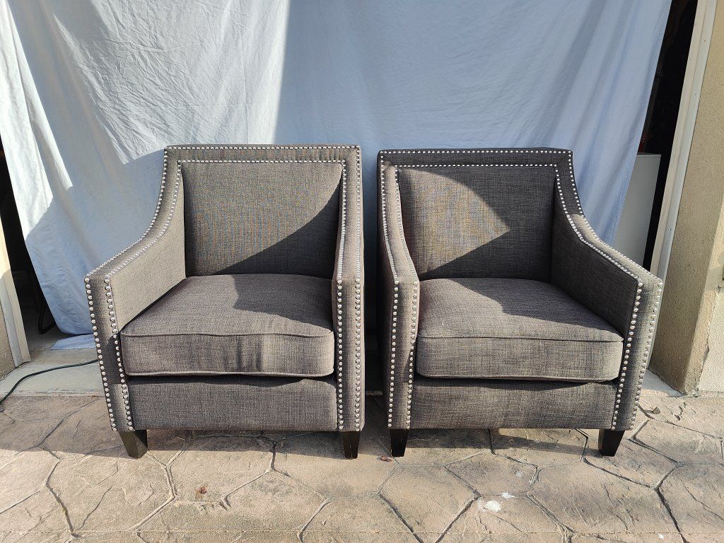 Pair of Grey Fabric Accent Chairs with Nailhead Trim