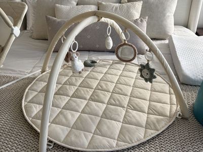 Organic Cotton Baby Foldable Play Mat Activity Gym with Detachable Toys, Neutral Cream