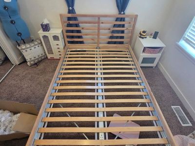 Wooden Full Size Slatted Bed Frame with Headboard - Light Wood Finish