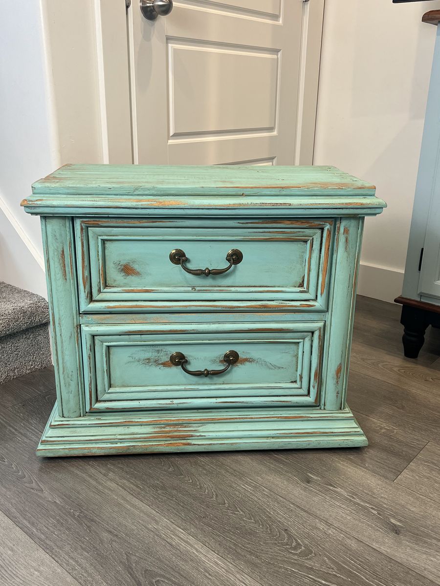 Distressed Turquoise Nightstand | 2 Drawer Farmhouse Side Table