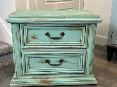 Distressed Turquoise Nightstand | 2 Drawer Farmhouse Side Table