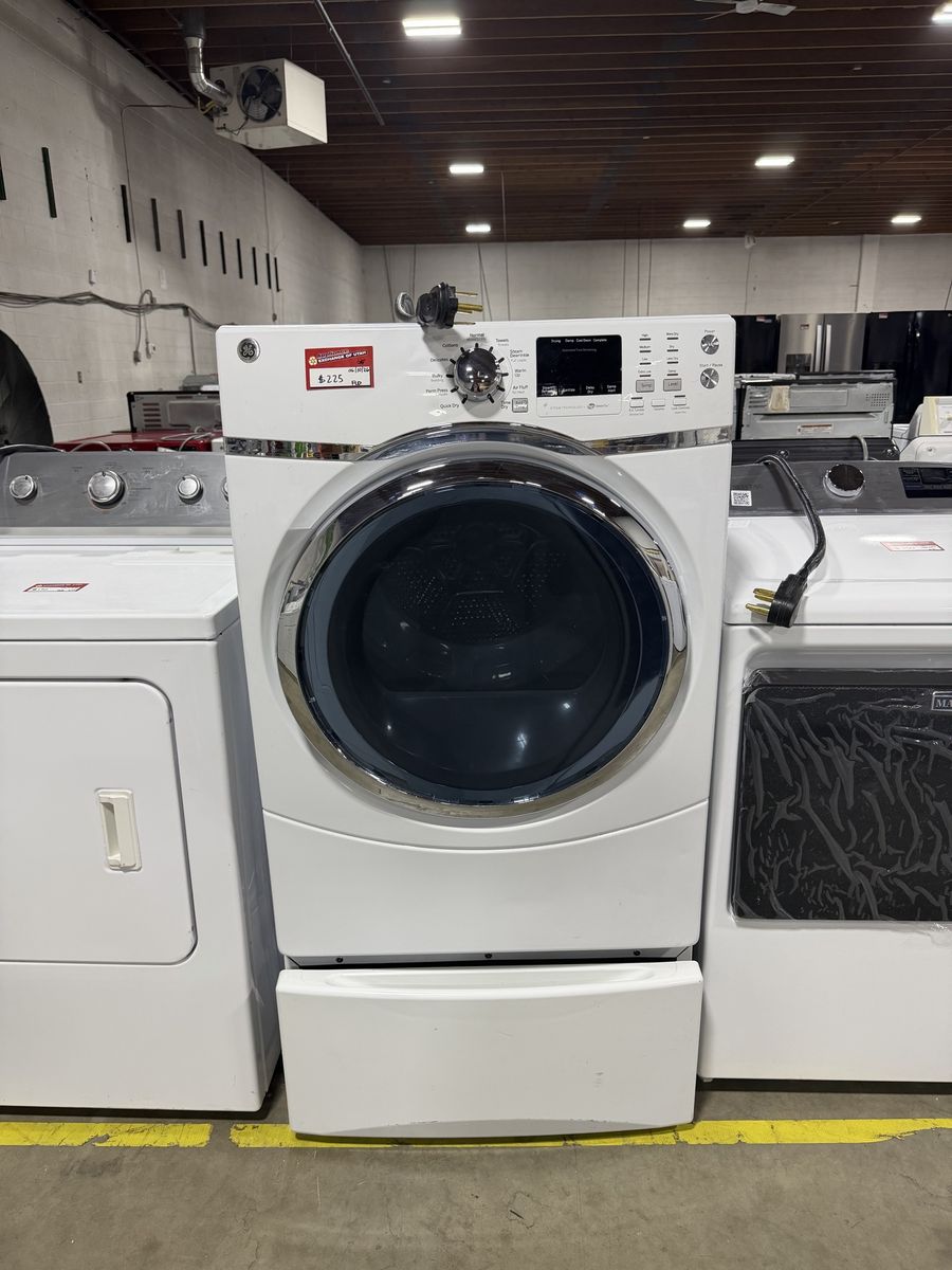 GE White Front Load Electric Dryer with Pedestal - Used, Excellent Condition