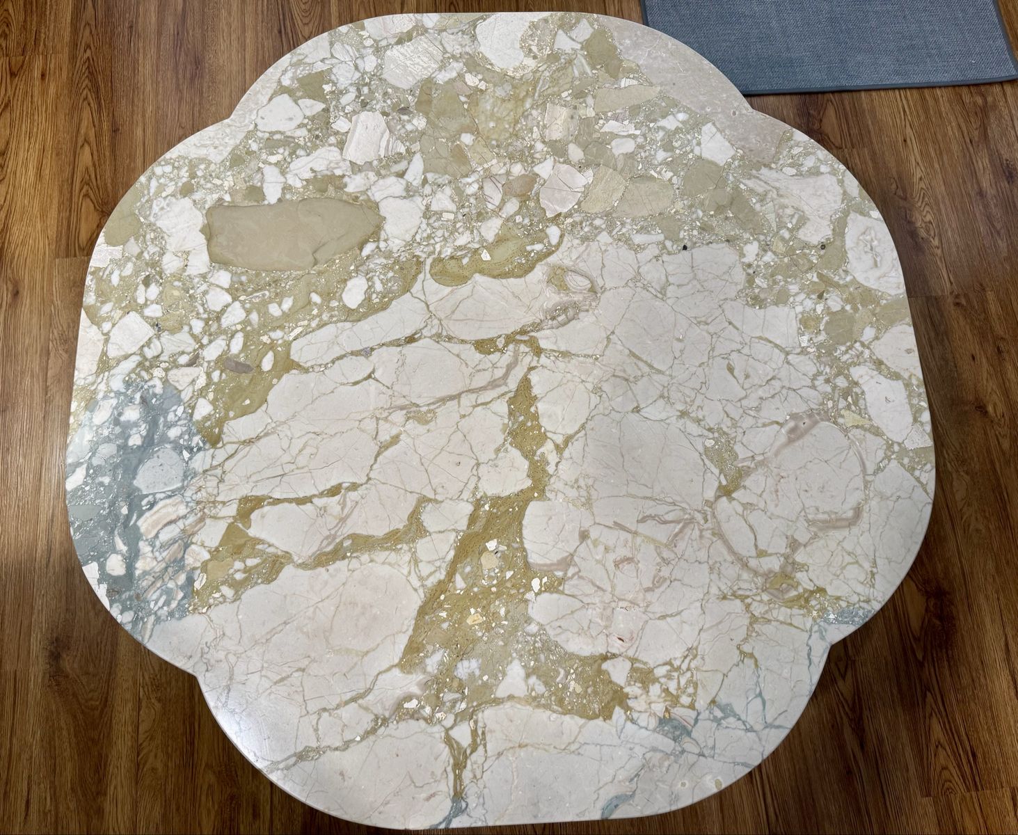 Italian Marble Coffee Table Walker Zangler W&Z brown wood base, marble light beige, gold, grey color