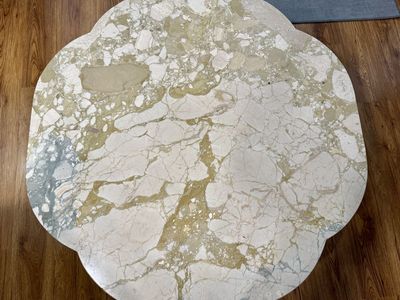 Italian Marble Coffee Table Walker Zangler W&Z brown wood base, marble light beige, gold, grey color