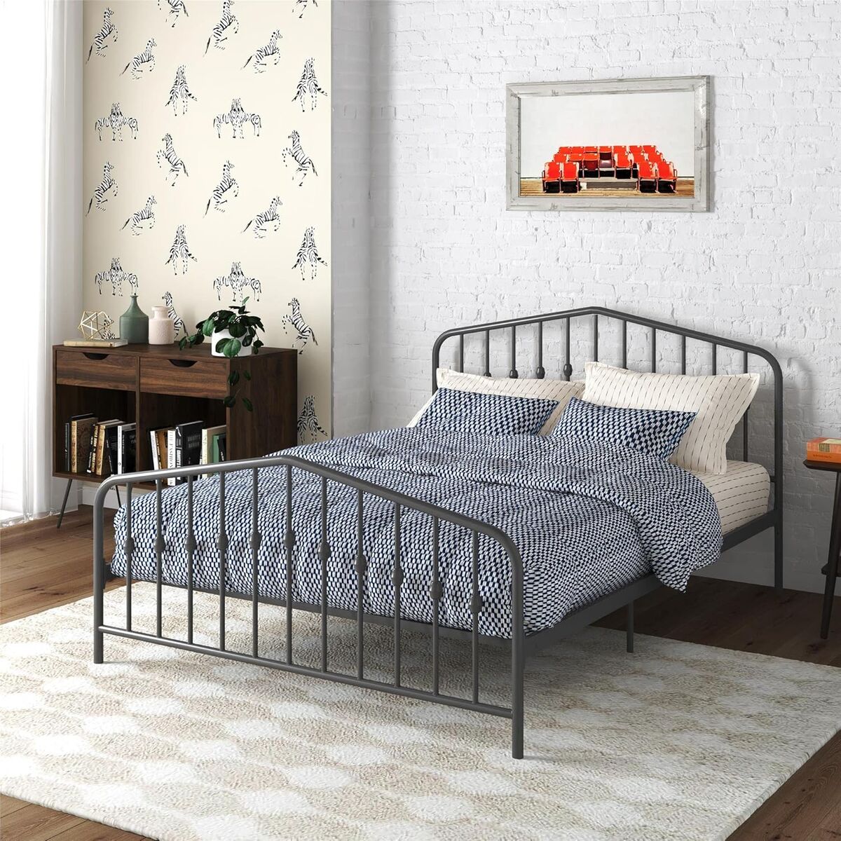 Metal Adjustable High Bed with Headboard and Footboard Modern Design Queen Size Grey (CT)