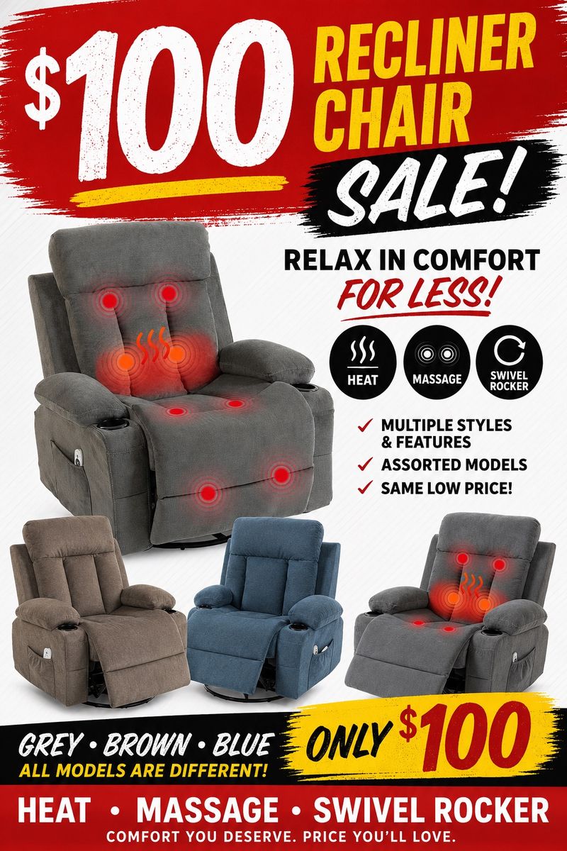 $100 Recliner Sale!!! Massage Recliner Chair with Heat, Swivel, and Rocker Function - Grey, Brown, Blue - Multiple Styles