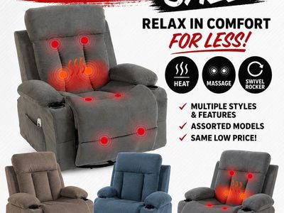 $100 Recliner Sale!!! Massage Recliner Chair with Heat, Swivel, and Rocker Function - Grey, Brown, Blue - Multiple Styles