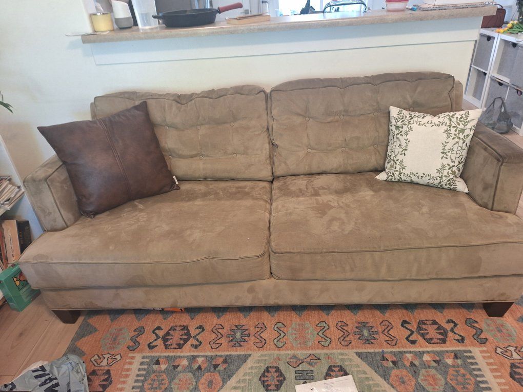 Cozy Tan Fabric Sofa - Tufted Back Cushions, Comfortable Seating