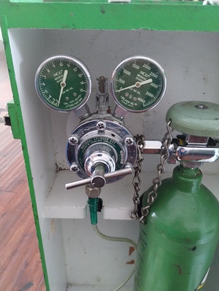 Vintage NCG Medical Oxygen Cylinder Tank with Dual Gauges and Wood Carrying Case