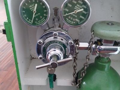 Vintage NCG Medical Oxygen Cylinder Tank with Dual Gauges and Wood Carrying Case