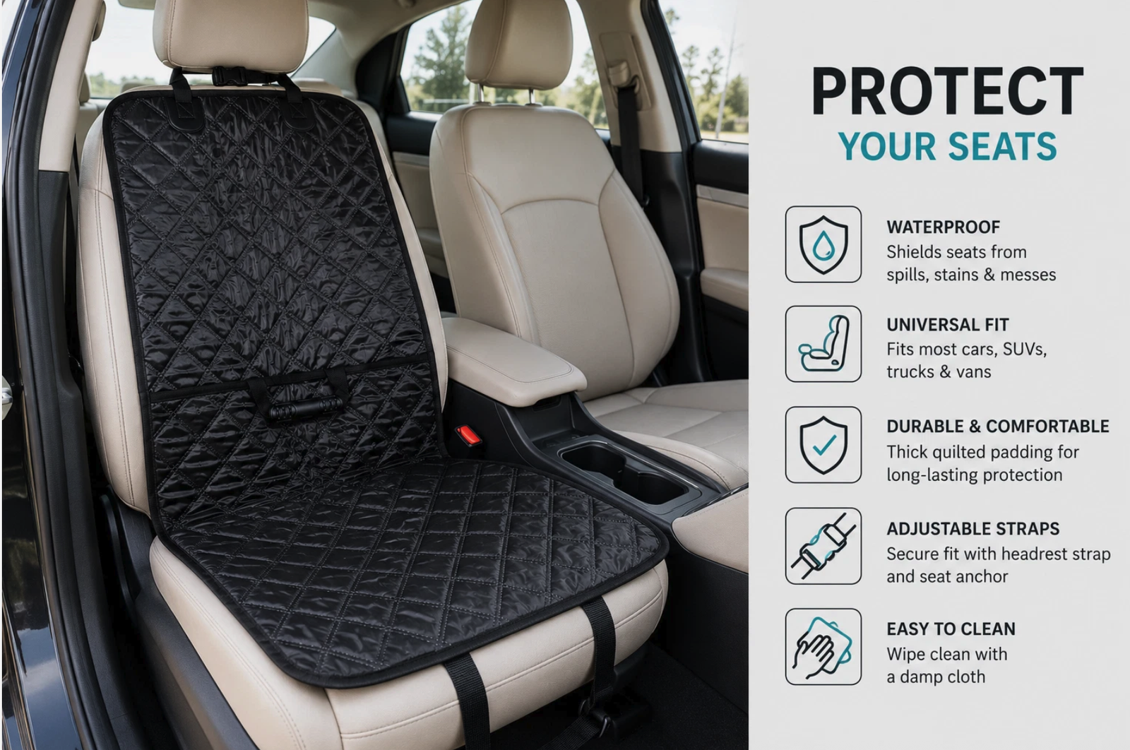Universal Quilted Car Seat Protector Mat w/ Storage Pockets Waterproof Black