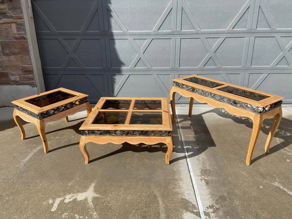 pine wood tables 3 set with glass inserts