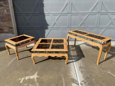 pine wood tables 3 set with glass inserts