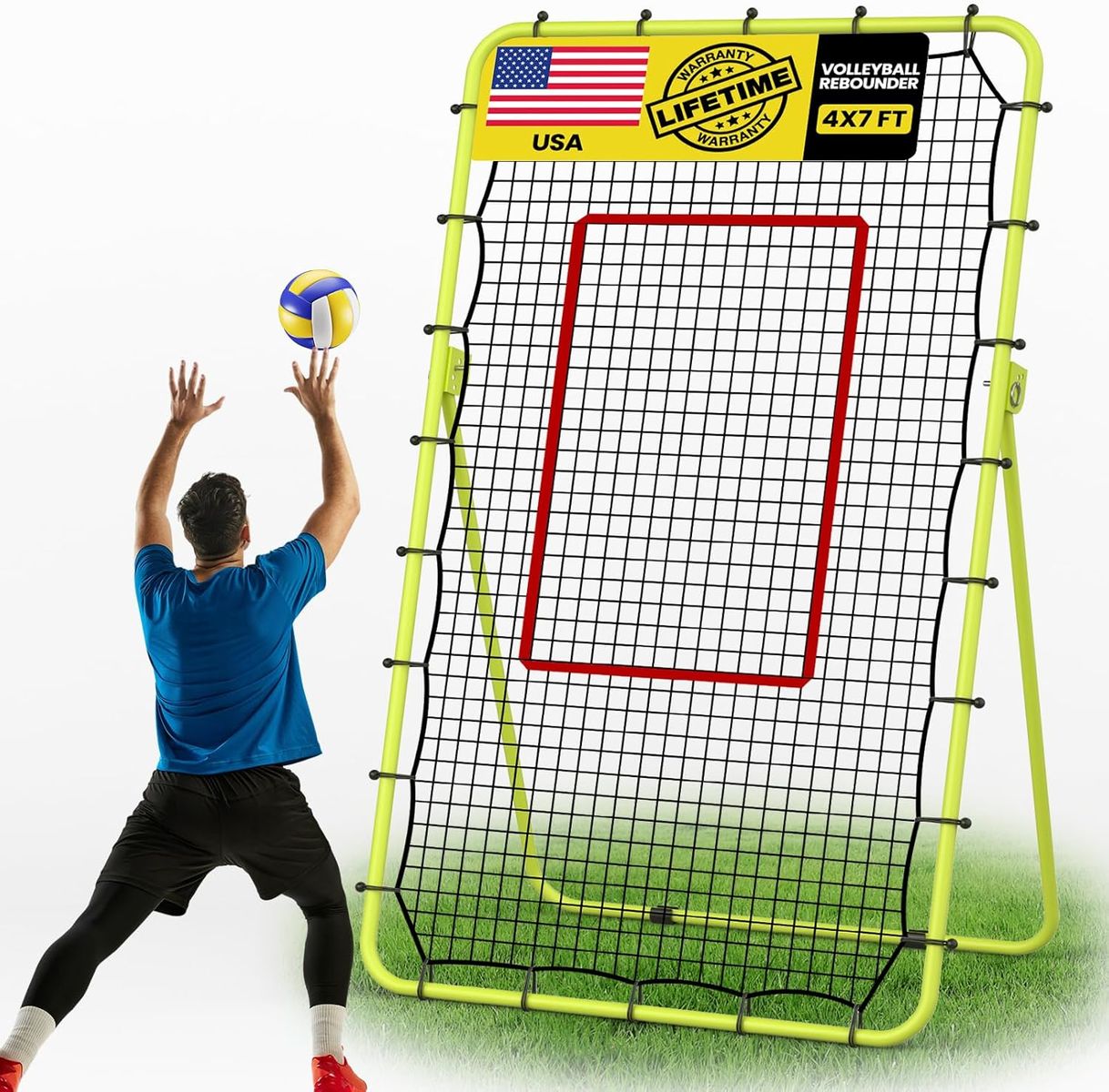 NEW 7x4 FT Volleyball Rebounder Net, 5-Angle Adjustable with Steel Frame & High-Tension PE Netting