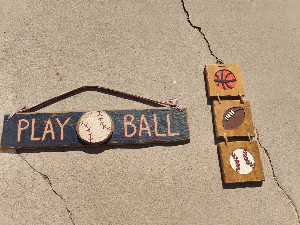 Wooden Sports Wall Decor Signs Set of 2 Play Ball & Multi Sport Hanging Signs