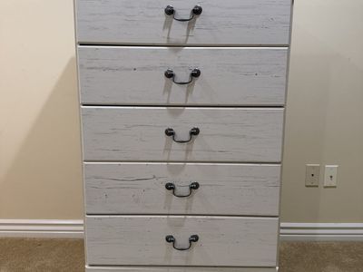 White distressed 5-drawer dresser, 48" tall x 31" wide