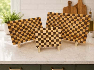 Handmade Checkerboard Pattern Wooden Cutting Board with Juice Groove