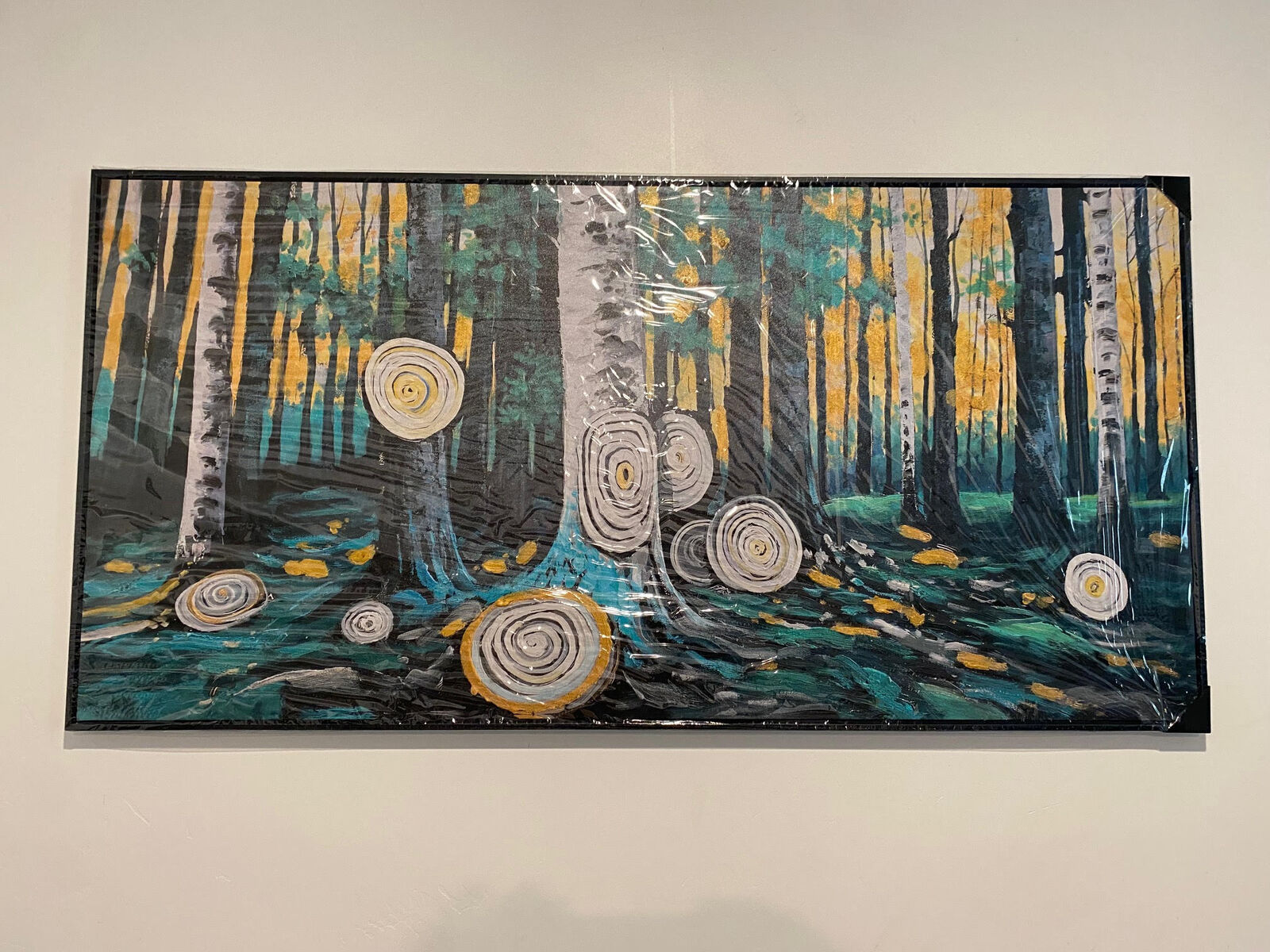 24" x 48" Whispers in the Aspen Grove Black, Teal, Yellow Black Framed Canvas Artwork