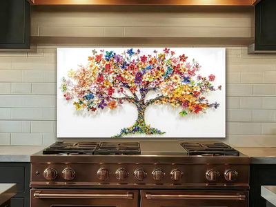NEW 30"x16" Tree of Life‘’Tempered Glass Backsplash for Kitchen, Frameless, Stove Backsplash