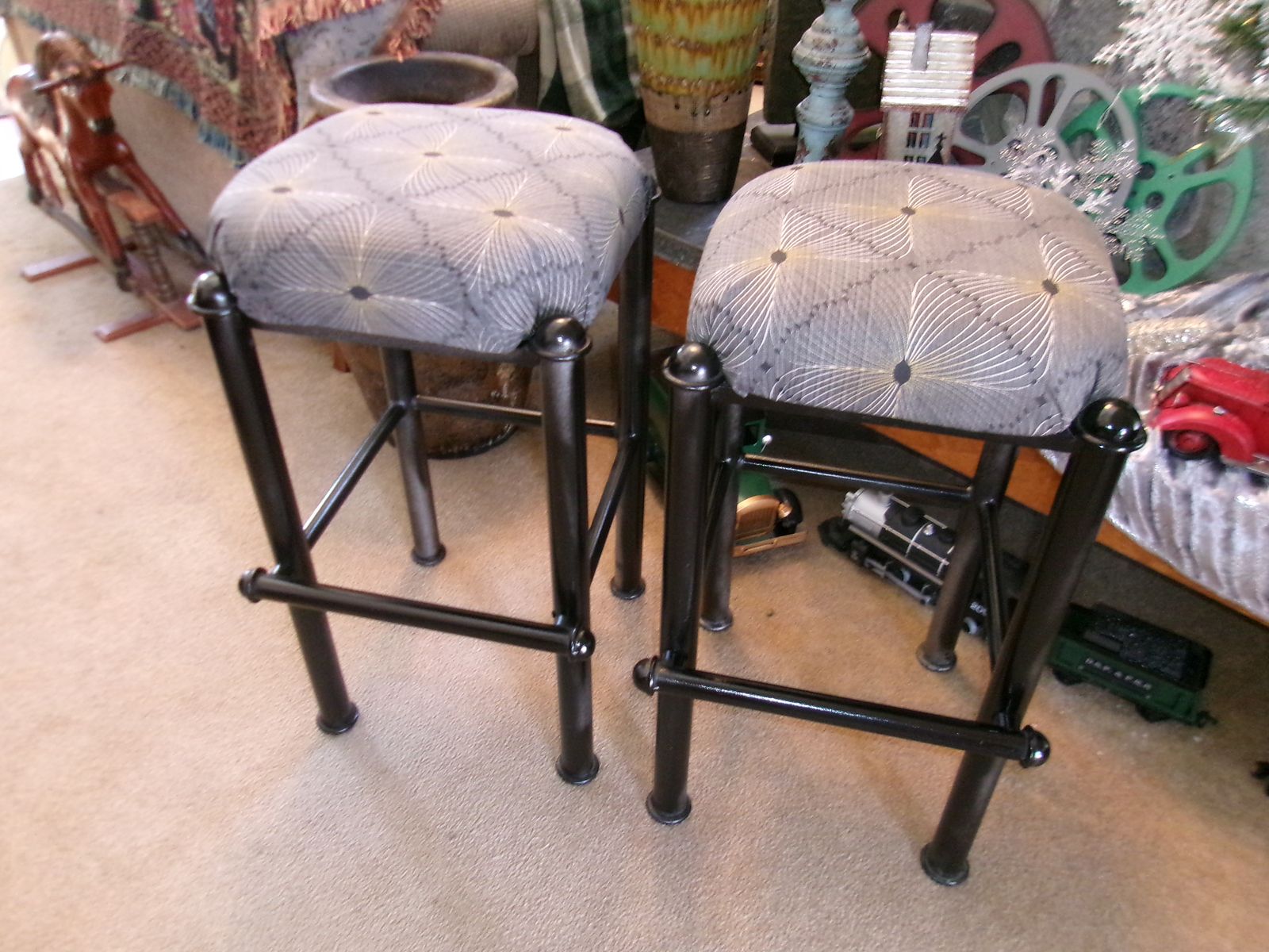 Pair of Upholstered Wrought Iron Frame Bar Stools - Black/Gray
