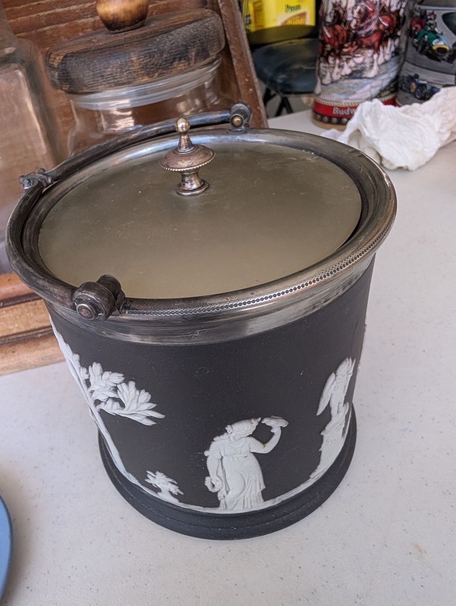 Vintage Wedgwood Basalt Jasperware Biscuit Barrel with Silver Plated Lid and Handle