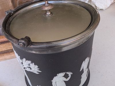Vintage Wedgwood Basalt Jasperware Biscuit Barrel with Silver Plated Lid and Handle