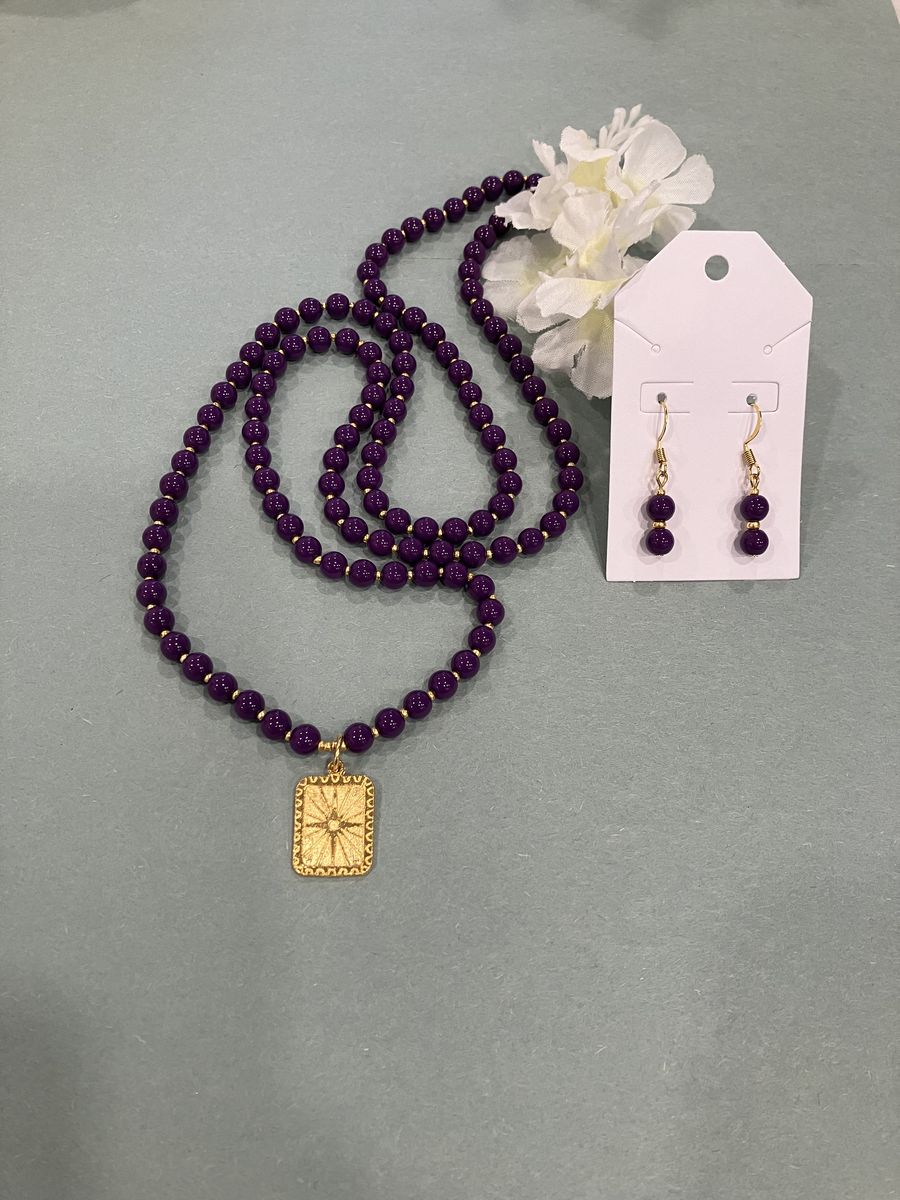Purple And Gold Multiple Beaded Sunbeam Pendant Necklace & Earrings