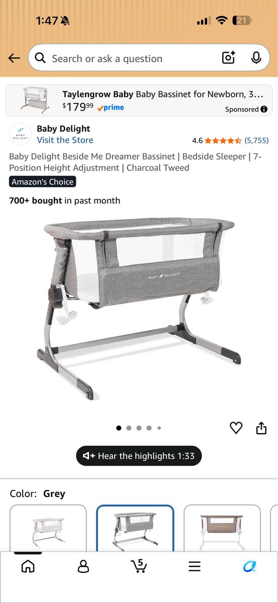 Baby Delight Beside Me Dreamer Bassinet and Bedside Sleeper Charcoal Tweed