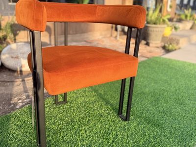 Contemporary Orange Accent Chair - Velvet Upholstery, Black Metal Frame