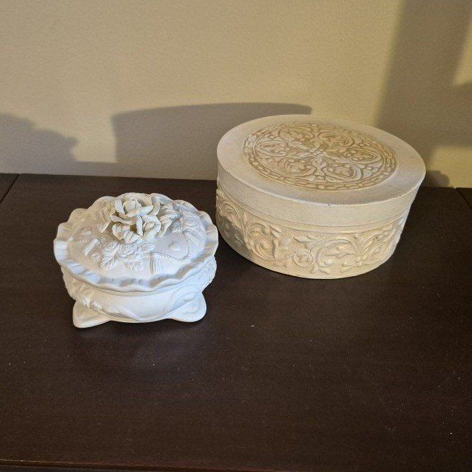 Keepsake Boxes - Set of 2, White Embossed Floral & Scroll Designs
