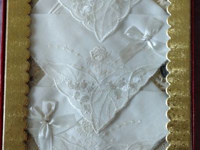 Vintage White Embroidered Handkerchief Set with Bows in Original Box - Set of 3