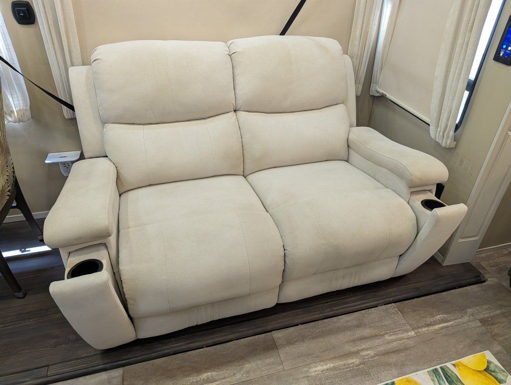 RV or living room Cream Reclining Loveseat with Cupholders - Fabric Two-Seater Recliner