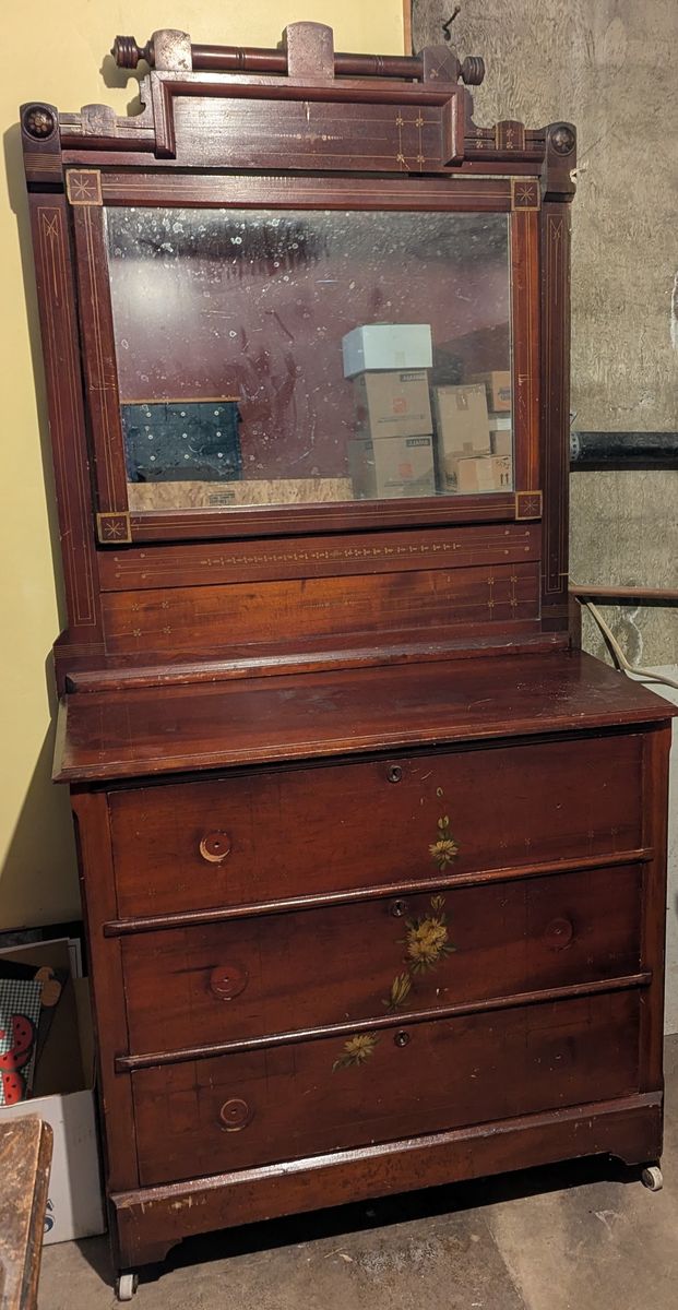 Antique 1880s Eastlake Dresser with Mirror and casters - solid wood