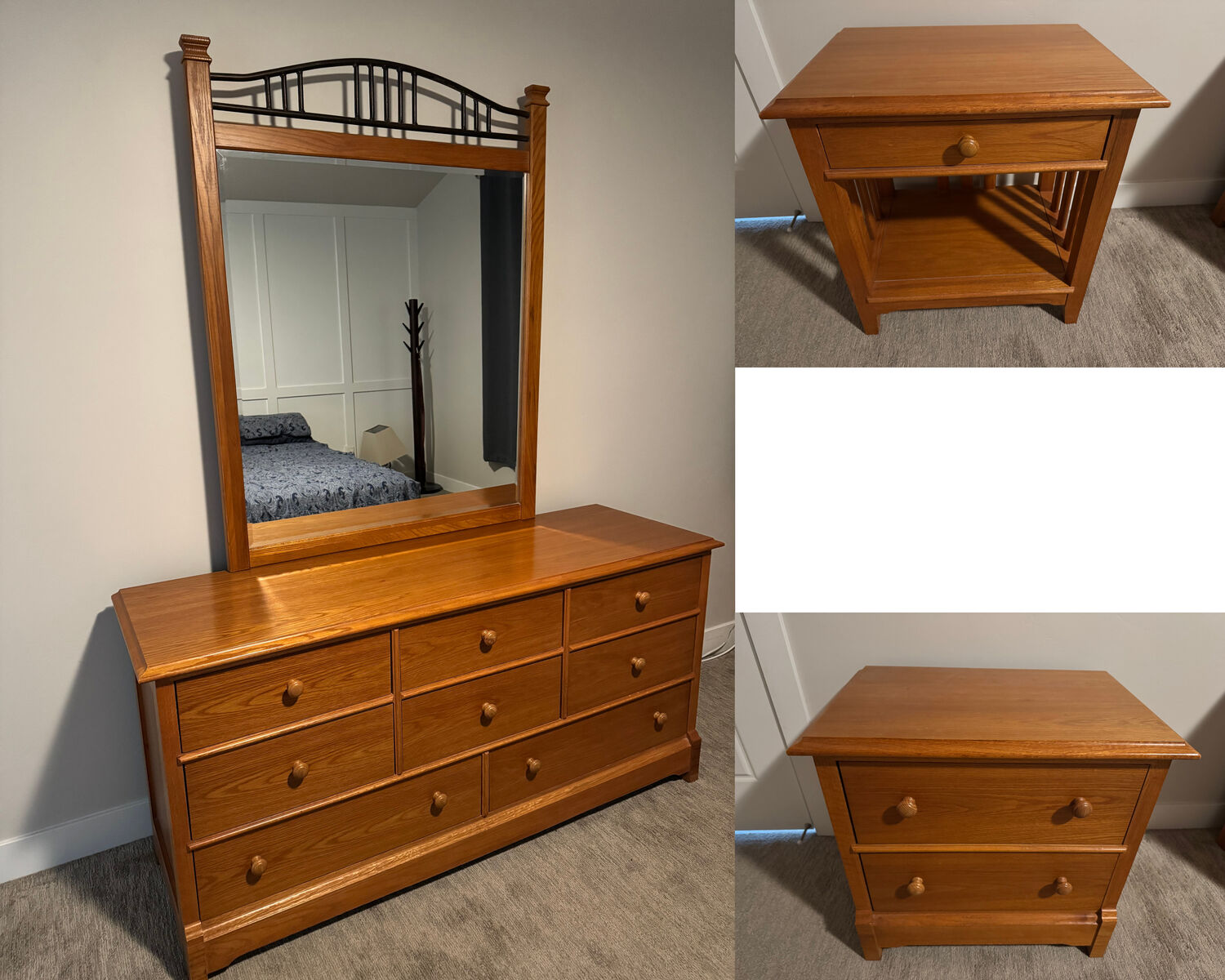 Bedroom furniture - triple dresser, mirror, (2) night stands