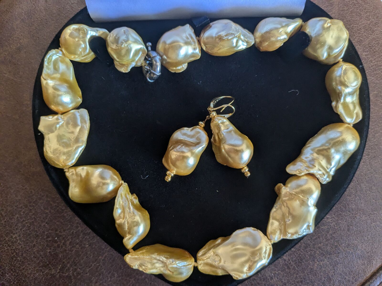 18" Golden Baroque authentic pearl necklace and earrings with 14k posts