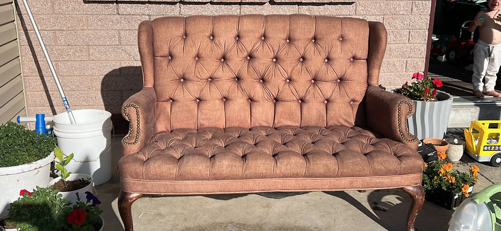 Cognac brown tufted soft settee loveseat